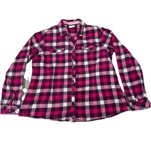 Columbia Women's Long Sleeve Flannel Button Down Shirt, Pink/Purple/Gray Size XL